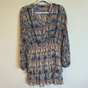 Zara Blue and Brown Patterned Long Sleeve Dress
